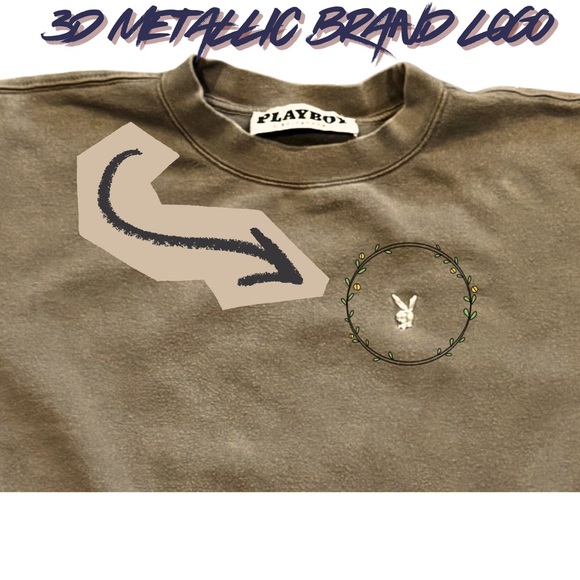 Vintage 90s Playboy Oversized Crewneck Sweatshirt Khaki 3D Studded Bunny Back - Picture 2 of 6